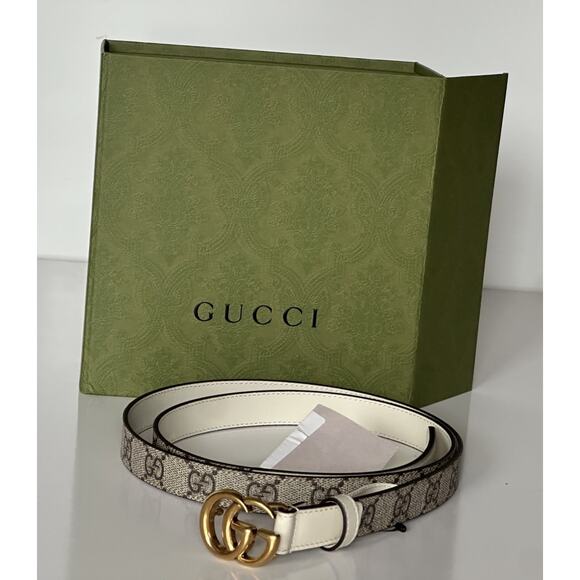 Gucci Women’s Leather GG Thin Width Belt Beige/Brown 110/44 409417 NWT - Picture 2 of 13
